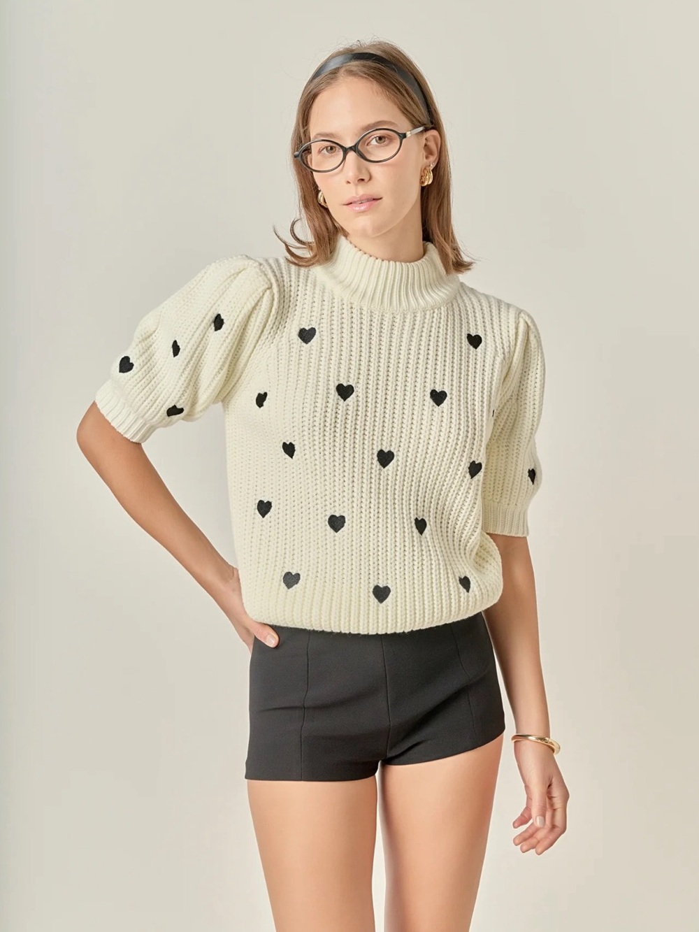 English Factory Cream Ribbed Knit Heart Embroidery Sweater